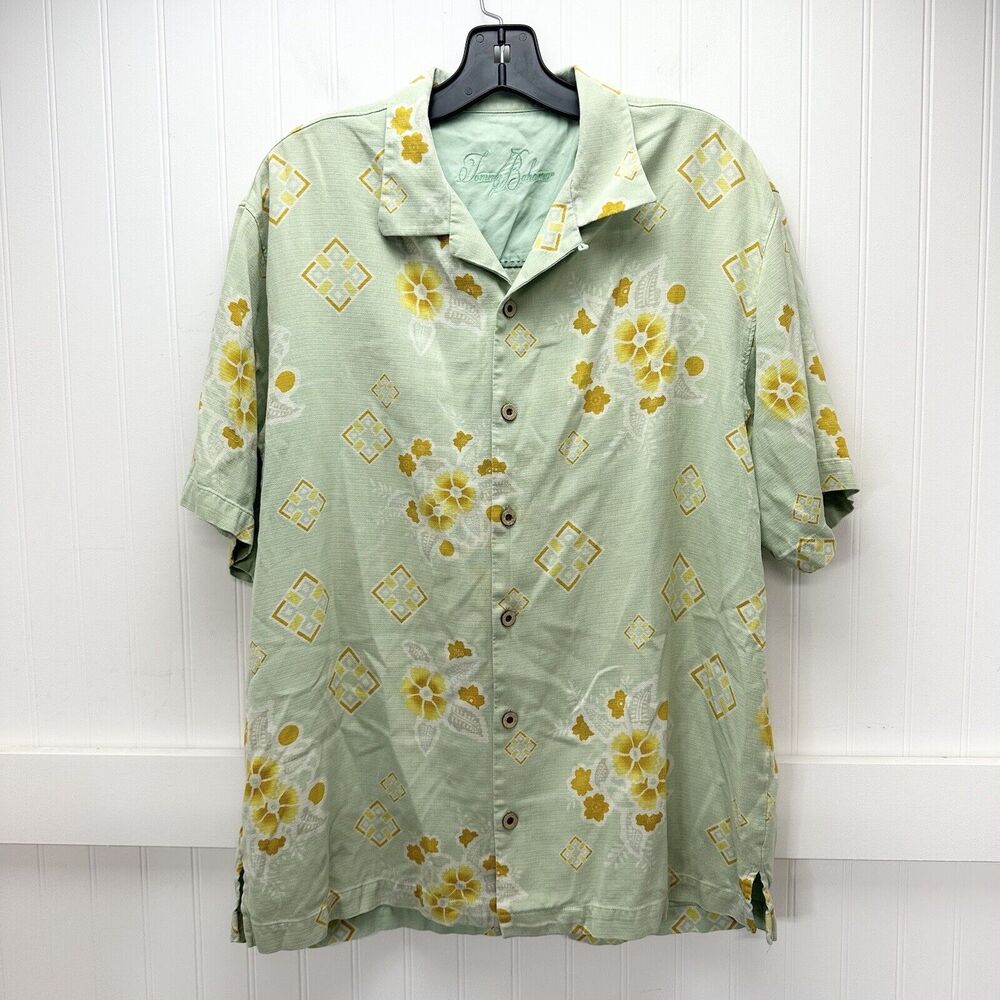 Tommy Bahama Silk Shirt Button Up Mens Large Green Floral Short Sleeve *Spot